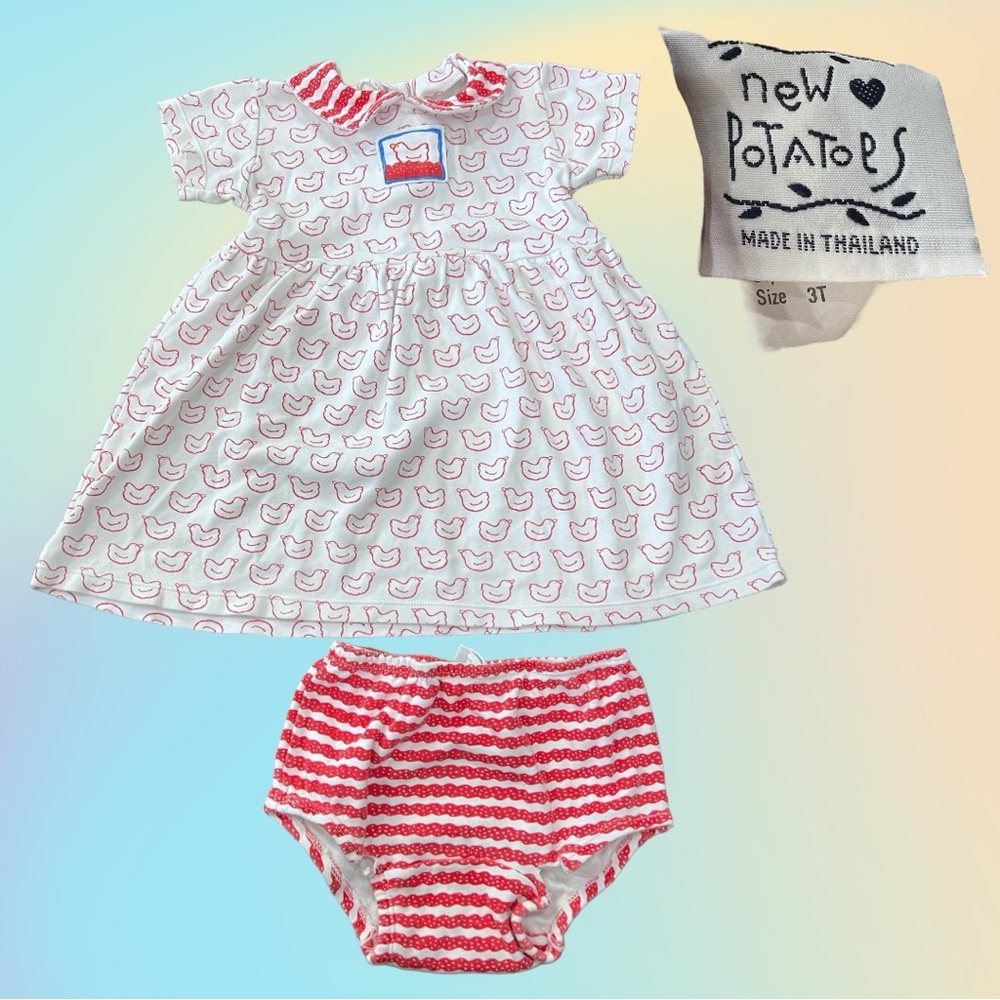 VTG 90's New Potatoes Red & White Bird Themed S/S dress w/ Bloomers Size 3T